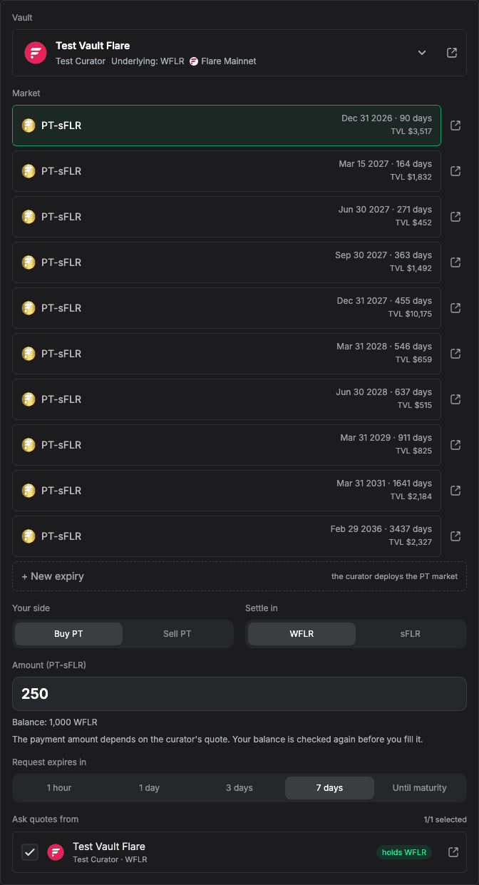 Quote request form with vault identity, market, balance and recipient selection