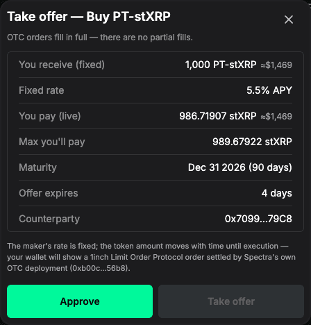 Take-offer review showing the live payment, maximum payment and maturity